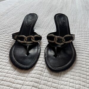 Leather Silver Chain Accent Kitten Heel Thong Sandals by Cole Haan